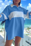Sky Blue Fashion Casual Solid Patchwork Slit Turndown Collar Long Sleeve Dresses