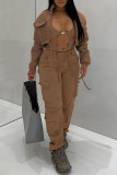 Coffee Casual Solid Bandage Patchwork Pocket Half A Turtleneck Outerwear