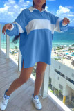 Sky Blue Fashion Casual Solid Patchwork Slit Turndown Collar Long Sleeve Dresses