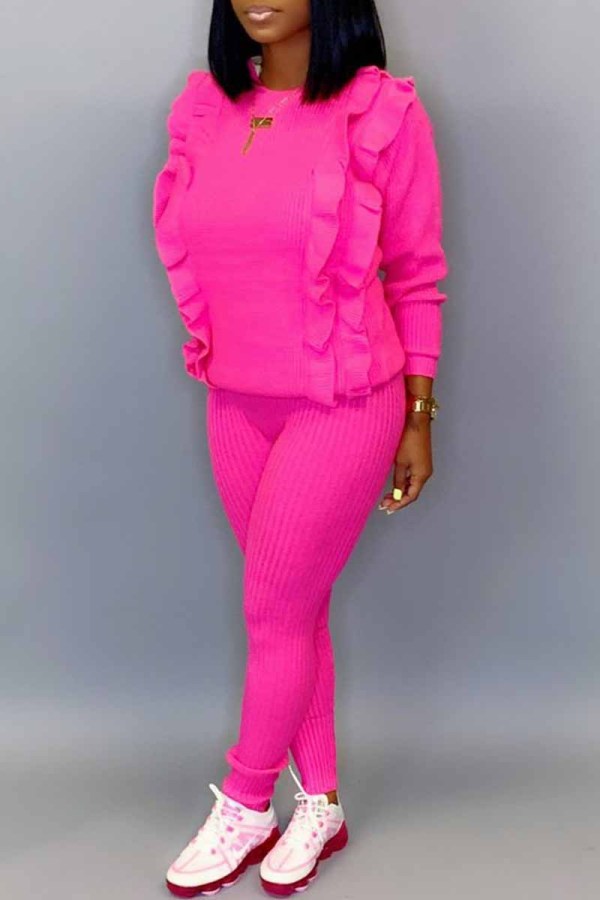 Rose Red Fashion Casual Solid Patchwork O Neck Long Sleeve Two Pieces