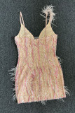 Pink Fashion Sexy Patchwork Embroidery Sequins Backless Spaghetti Strap Sleeveless Dress