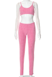 Pink Sexy Solid Patchwork Spaghetti Strap Sleeveless Two Pieces