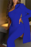 Blue Fashion Casual Formal Solid Patchwork Backless Oblique Collar Long Sleeve Dresses