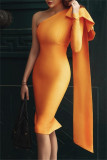 Blue Fashion Casual Formal Solid Patchwork Backless Oblique Collar Long Sleeve Dresses