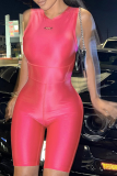 Rose Red Sexy Solid Letter O Neck Skinny Rompers