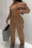 Coffee Casual Solid Bandage Patchwork Pocket Half A Turtleneck Outerwear