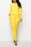 Yellow Fashion Solid Flounce O Neck Long Sleeve Two Pieces