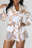 White Fashion Casual Print Patchwork Asymmetrical Collar Straight Rompers
