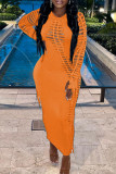 Orange Sexy Solid Bandage Hollowed Out Patchwork O Neck Pencil Skirt Dresses