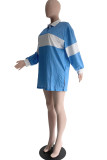 Sky Blue Fashion Casual Solid Patchwork Slit Turndown Collar Long Sleeve Dresses