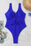 Blue Fashion Sexy Solid Bandage Hollowed Out Swimwears (With Paddings)