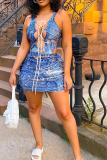Blue Sexy Print Draw String V Neck Sleeveless Two Pieces