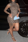 Brown Sexy Geometric Patchwork Half A Turtleneck Pencil Skirt Dresses