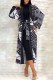 Grey Fashion Casual Print Patchwork Letter With Belt Cardigan Collar Outerwear