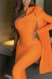 Blue Fashion Casual Formal Solid Patchwork Backless Oblique Collar Long Sleeve Dresses