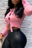 Pink Fashion Casual Solid Buttons O Neck Tops