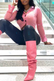 Pink Fashion Casual Solid Buttons O Neck Tops