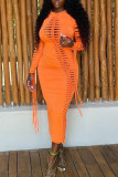 Orange Sexy Solid Bandage Hollowed Out Patchwork O Neck Pencil Skirt Dresses