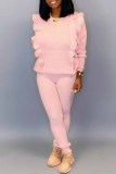 Pink Fashion Casual Solid Patchwork O Neck Long Sleeve Two Pieces