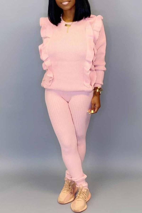 Pink Fashion Casual Solid Patchwork O Neck Long Sleeve Two Pieces