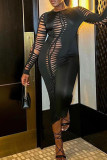 Orange Sexy Solid Bandage Hollowed Out Patchwork O Neck Pencil Skirt Dresses