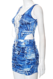 Blue Sexy Print Draw String V Neck Sleeveless Two Pieces