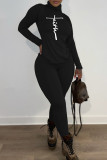 Red Fashion Casual Print Basic Turtleneck Long Sleeve Two Pieces