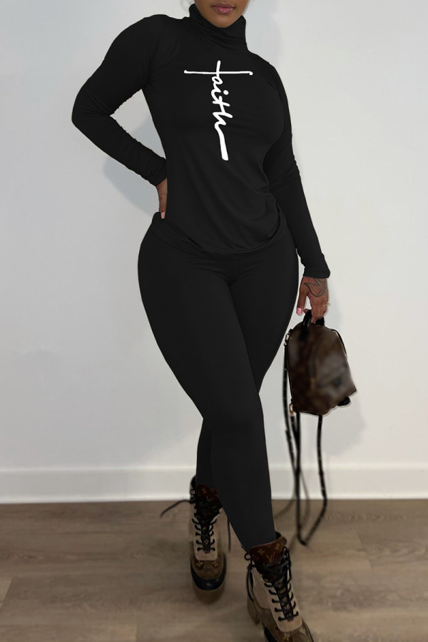 Black Fashion Casual Print Basic Turtleneck Long Sleeve Two Pieces