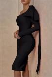Blue Fashion Casual Formal Solid Patchwork Backless Oblique Collar Long Sleeve Dresses