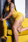 Yellow Sexy Solid Mesh Spaghetti Strap Pencil Skirt Dresses