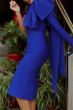 Blue Fashion Casual Formal Solid Patchwork Backless Oblique Collar Long Sleeve Dresses