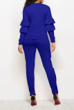 Blue Fashion Solid Flounce O Neck Long Sleeve Two Pieces