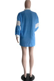 Sky Blue Fashion Casual Solid Patchwork Slit Turndown Collar Long Sleeve Dresses