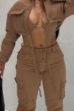 Coffee Casual Solid Bandage Patchwork Pocket Half A Turtleneck Outerwear