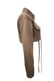Coffee Casual Solid Bandage Patchwork Pocket Half A Turtleneck Outerwear