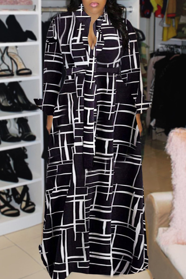 Black Casual Print Patchwork Buckle Turndown Collar Shirt Dress Dresses