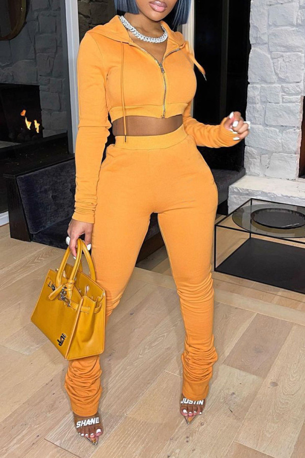 Yellow Casual Sportswear Solid Make Old Fold Hooded Collar Long Sleeve Two Pieces