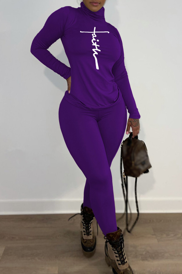 Purple Fashion Casual Print Basic Turtleneck Long Sleeve Two Pieces