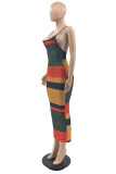 Pink Fashion Sexy Striped Print Backless Spaghetti Strap Long Dress Dresses