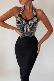 Black Fashion Sexy Patchwork Backless Beading Halter Sleeveless Dress