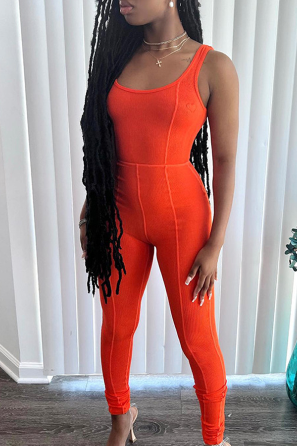 Orange Fashion Solid Patchwork U Neck Skinny Jumpsuits