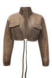 Coffee Casual Solid Bandage Patchwork Pocket Half A Turtleneck Outerwear