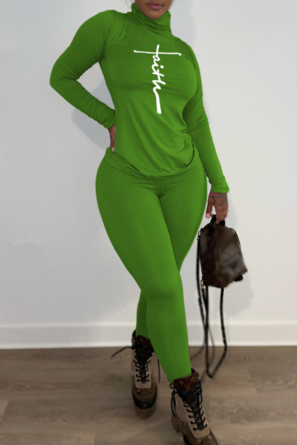 Green Fashion Casual Print Basic Turtleneck Long Sleeve Two Pieces