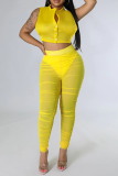 Yellow Sexy Solid Mesh O Neck Sleeveless Two Pieces