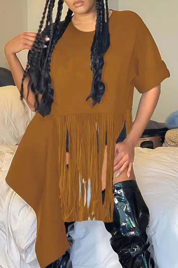 Coffee Fashion Casual Solid Tassel Patchwork Asymmetrical O Neck Tops