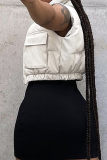 Black Fashion Solid Patchwork Zipper Collar Tops