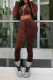 Dark Brown Sexy Solid Patchwork Fold Hooded Collar Long Sleeve Two Pieces