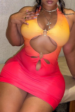 Orange Sexy Gradual Change Hollowed Out Halter Pencil Skirt Dresses