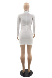 White Fashion Casual Solid Patchwork Mandarin Collar Long Sleeve Dresses