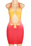 Orange Sexy Gradual Change Hollowed Out Halter Pencil Skirt Dresses